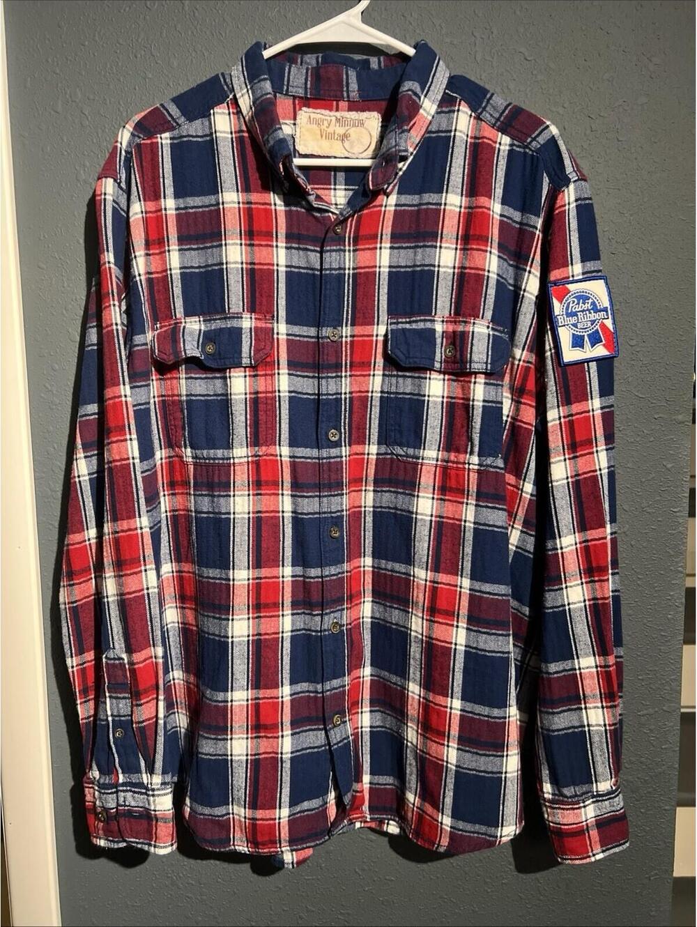 Pabst Blue Ribbon Flannel Shirt - Mens Large - Angry Minnow - Gold Embroidery